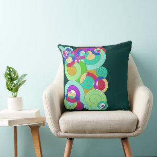 Rainbow Retro Spiral Art Abstraction Teal Green Throw Pillow