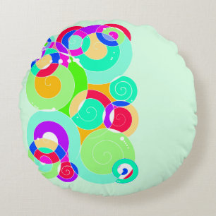 Rainbow Retro Spiral Art Abstraction Turquoise Round Pillow