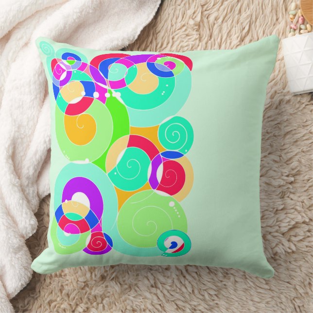 Rainbow Retro Spiral Art Abstraction Turquoise Throw Pillow (Blanket)