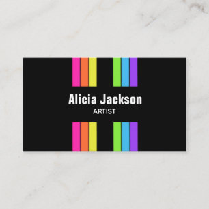 Rainbow Retro Stripes Bright Vertical Black Business Card