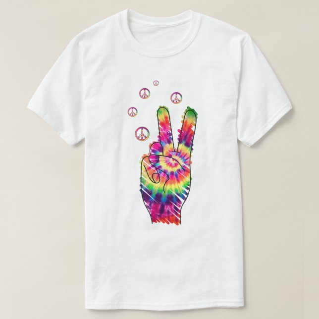 Rainbow Retro Tie Dye Psychedelic Peace Sign Hand  T-Shirt (Design Front)