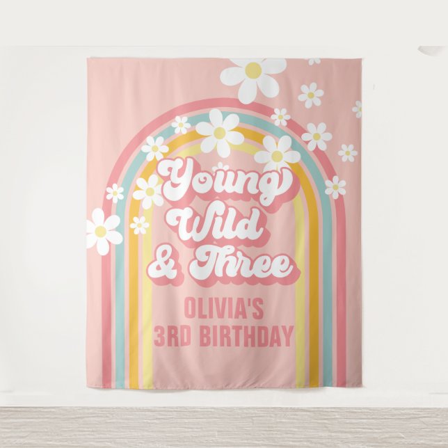 Rainbow Retro Young Wild Three 3rd Birthday Tapestry (Front)