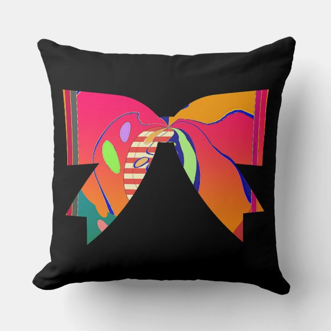 Rainbow Ribbon Bow Black Decorative Fun Throw Pillow (Front)