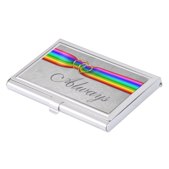 Rainbow Ribbon Entwined Gold Hearts-Bus. Card Case Case For Business Cards