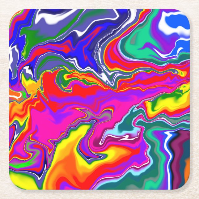 Rainbow River Fluid Art Square Paper Coaster (Front)