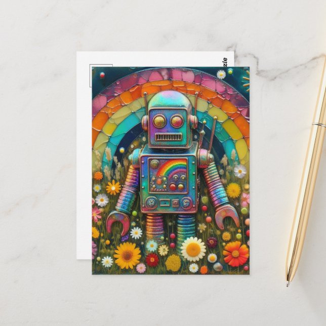 Rainbow Robot in a Flower Meadow Postcard (Front/Back In Situ)