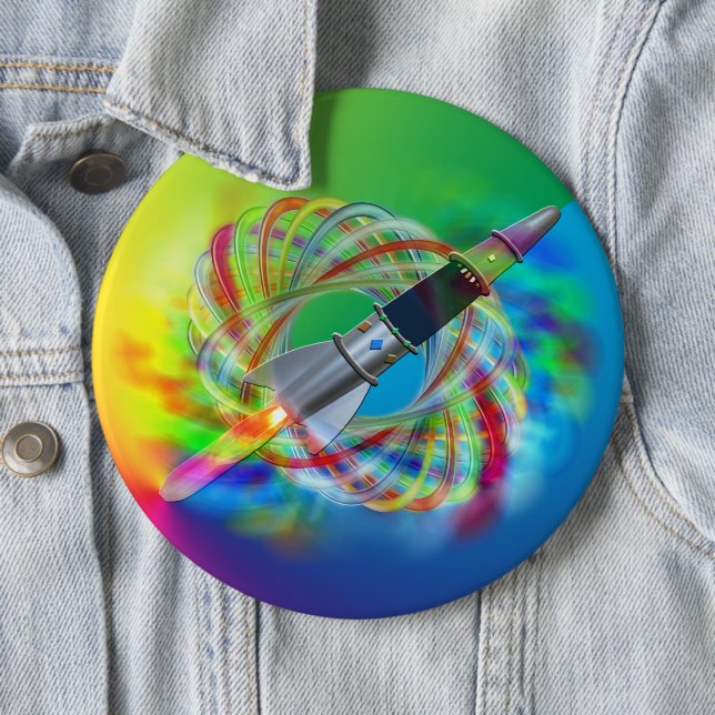 Rainbow Rocket Orbits  6 Inch Round Button (In Situ)