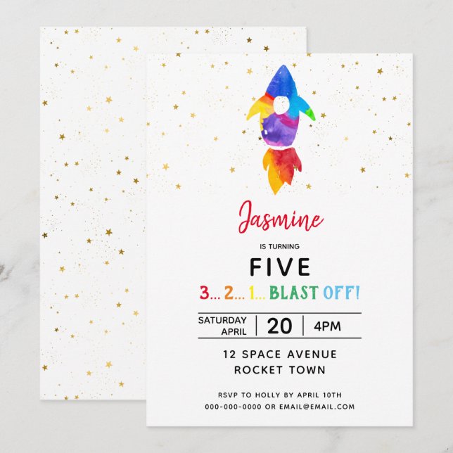Rainbow Rocket Ship Outer Space Birthday Party Invitation (Front/Back)