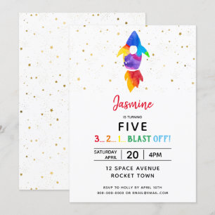 Rainbow Rocket Ship Outer Space Birthday Party Invitation