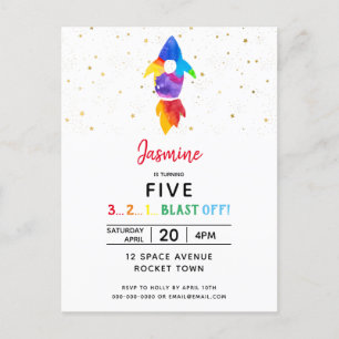 Rainbow Rocket Ship Outer Space Birthday Party Invitation Postcard