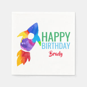 Rainbow Rocket Ship Outer Space Birthday Party Napkin