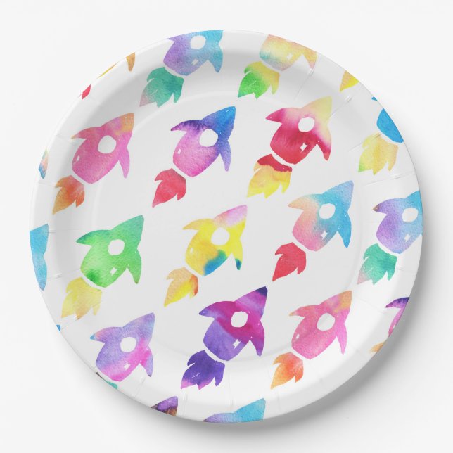 Rainbow Rocket Ship Outer Space Birthday Party Paper Plate (Front)