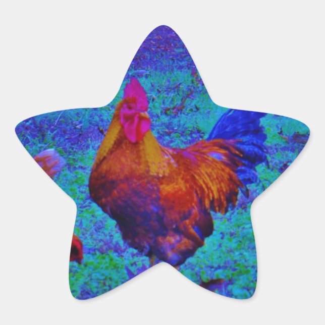 Rainbow Rooster & Hens, Electric Blue Star Sticker (Front)