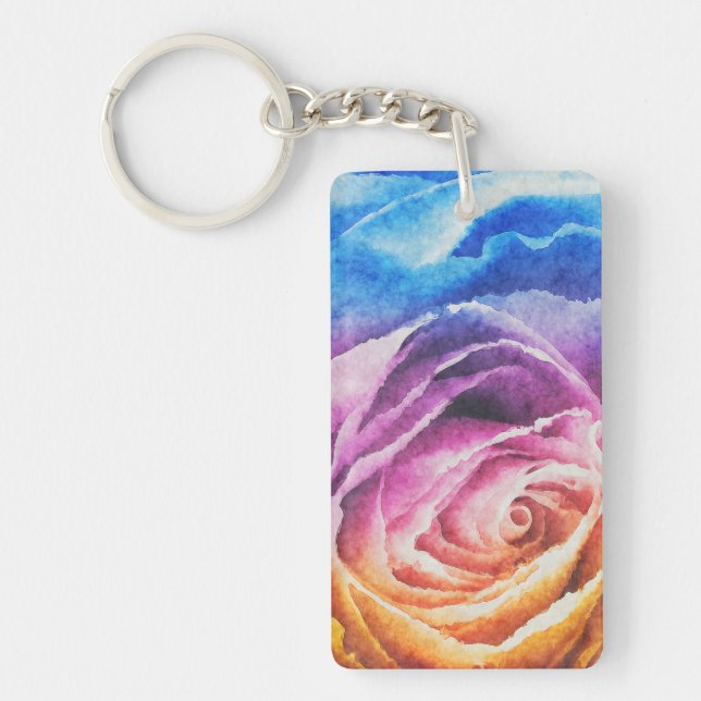 Rainbow Rose Watercolor Keychain (Front)