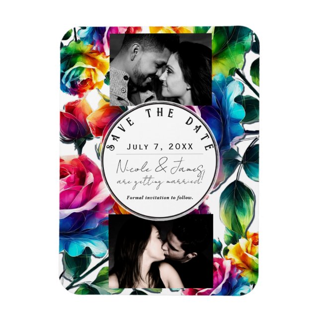 Rainbow Roses Black & White Floral Save the Date Magnet (Vertical)