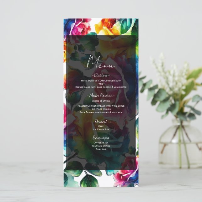 Rainbow Roses Black & White Floral Wedding Menu (Standing Front)