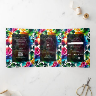 Rainbow Roses Black & White Vibrant Floral Wedding Tri-Fold Invitation