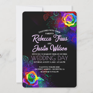 Rainbow Roses Floral Modern Boho Black Invitation
