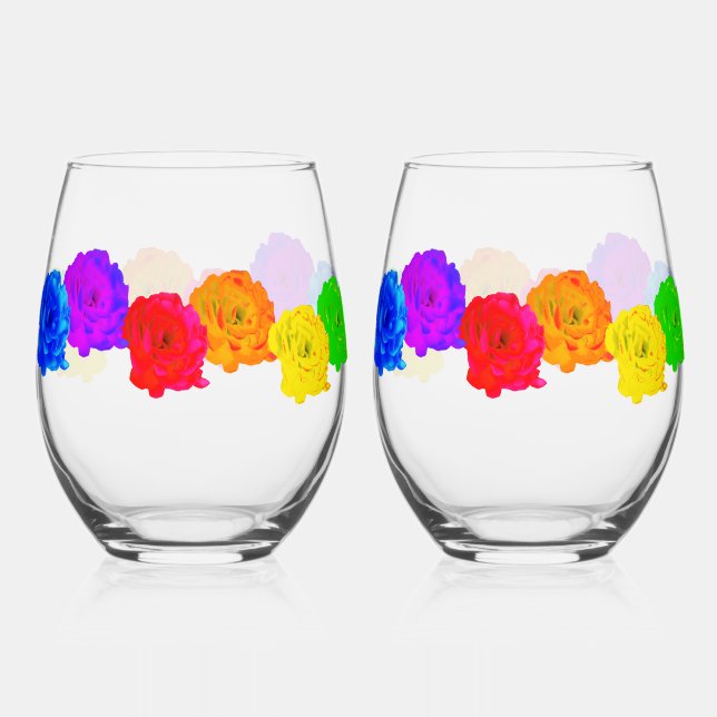 Rainbow Roses  Stemless Wine Glass (Front)