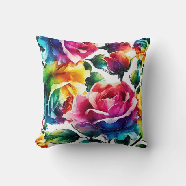 Rainbow Roses Vibrant Colourful Floral  Throw Pillow (Front)