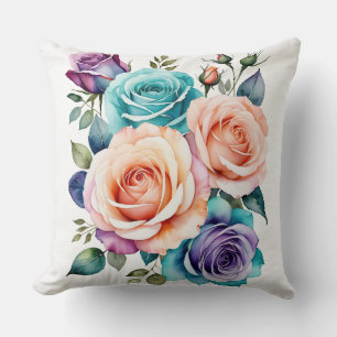 Rainbow Roses Watercolor Bouquet Throw Pillow