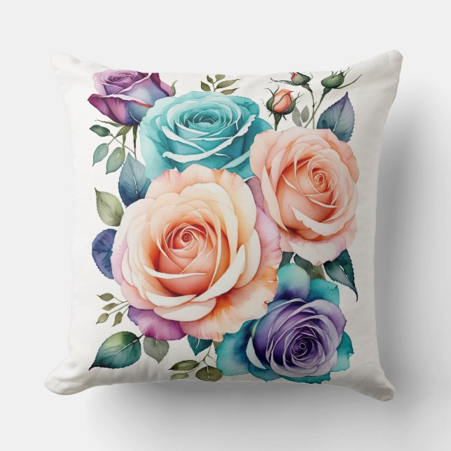 Rainbow Roses Watercolor Bouquet Throw Pillow (Front)