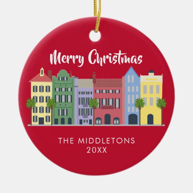 Rainbow Row Charleston Christmas Ceramic Ornament (Front)