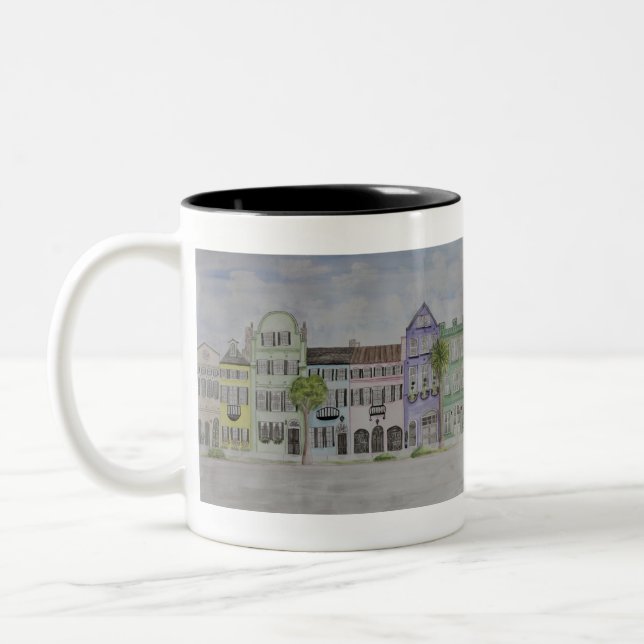 Rainbow Row Charleston SC Watercolor Two-Tone Coffee Mug (Left)