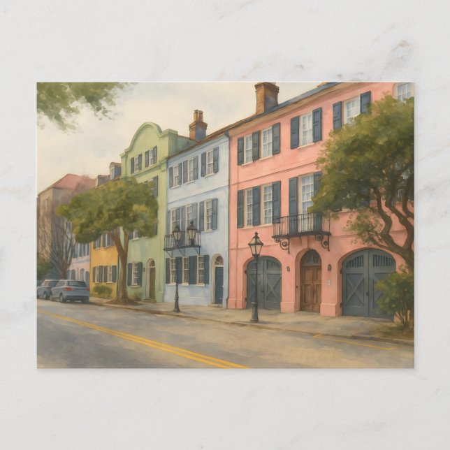 Rainbow Row of Charleston Watercolor Postcard (Front)