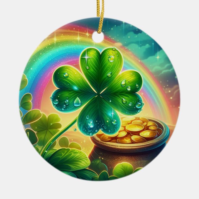 Rainbow Saint Patrick's Day clover Ceramic Ornament (Front)