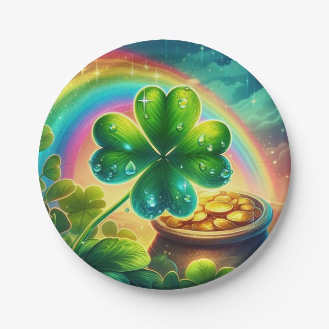 Rainbow Saint Patrick's Day clover Paper Plate (Front)
