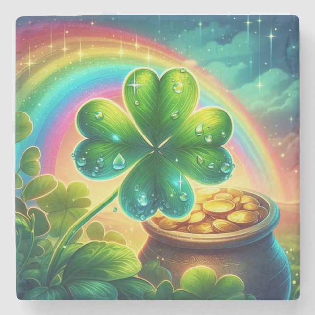 Rainbow Saint Patrick's Day clover Stone Coaster (Front)
