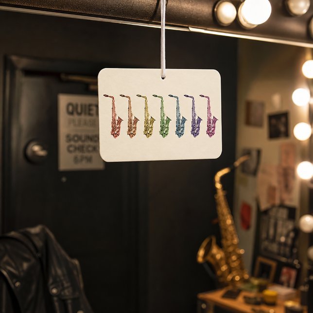 Rainbow Saxophone Art Air Freshener (An air freshener with rainbow alto saxophones.)
