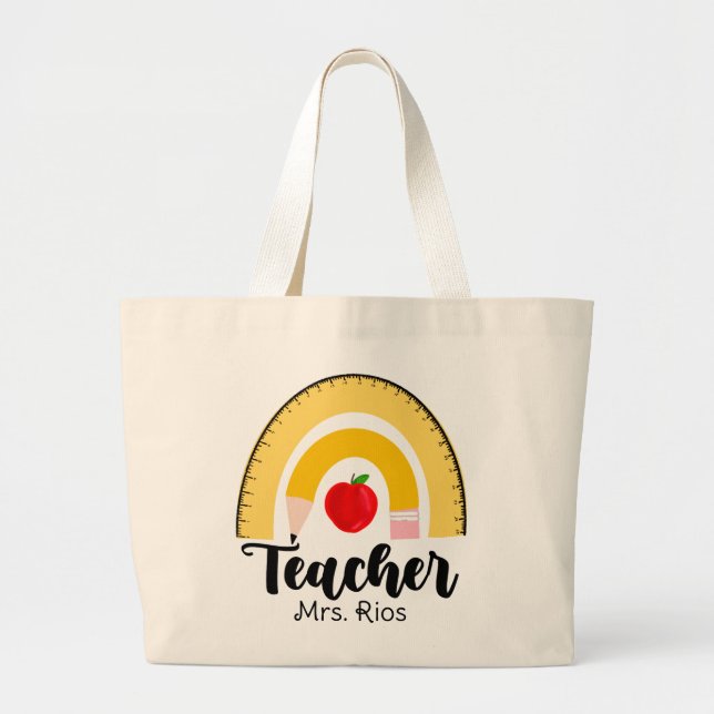 Rainbow School Supplies Teacher Woman  Large Tote Bag (Front)