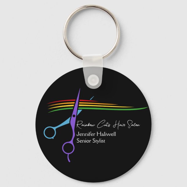 Rainbow Scissors Hair Stylist Chic Salon Marketing Keychain (Front)