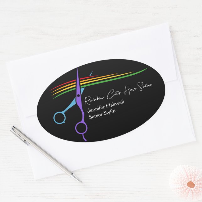 Rainbow Scissors Hair Stylist Chic Salon Marketing Oval Sticker (Envelope)