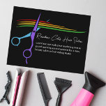 Rainbow Scissors Hair Stylist Chic Salon Marketing Postcard<br><div class="desc">A chic black hair stylist business marketing postcard with a burst of colour of rainbow hairstylist scissors logo. Customize these modern LGBTQ beauty salon and styling business postcards in cool white script for a hairdresser or colourist for a grand opening or other promotional event.</div>