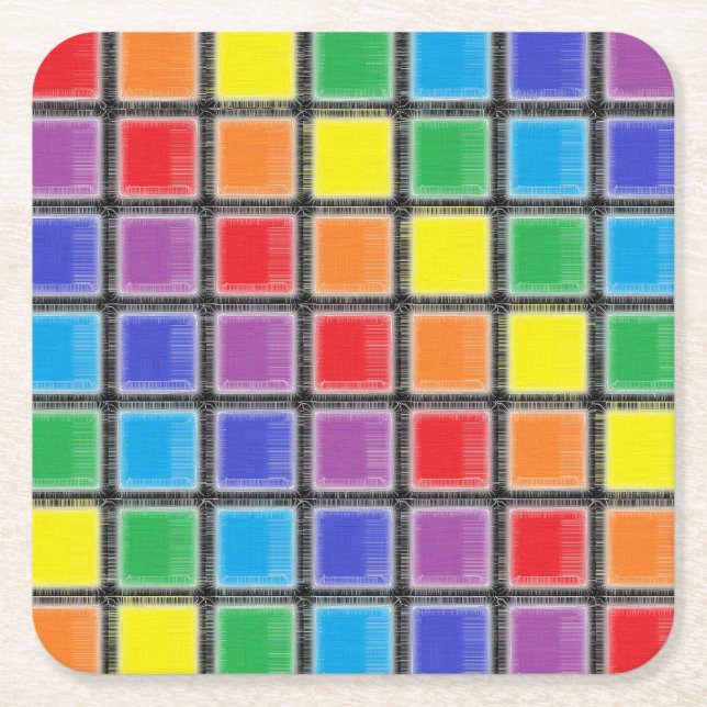 Rainbow Scratched Squares Square Paper Coaster (Front)