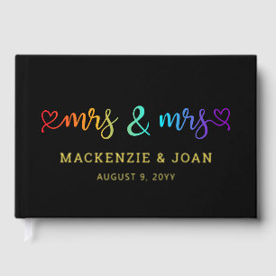 Rainbow Script Black Mrs & Mrs Lesbian Wedding Guest Book