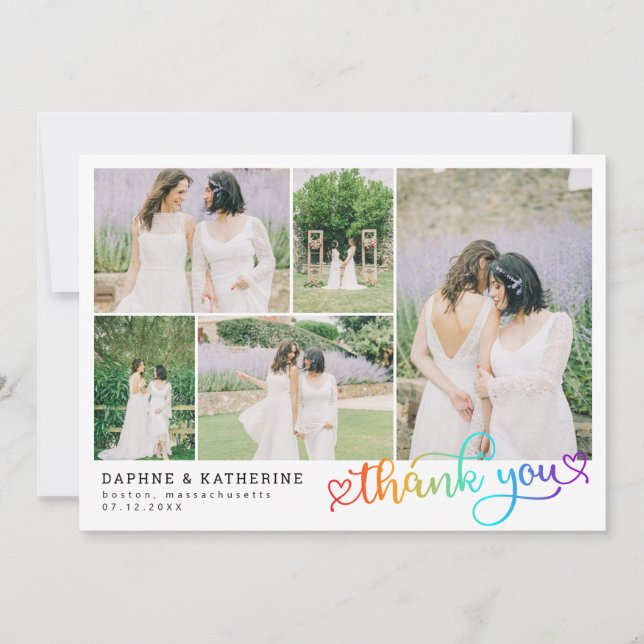 Rainbow Script Wedding Photo Collage Thank You Card (Front)