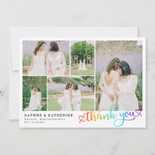 Rainbow Script Wedding Photo Collage Thank You Card