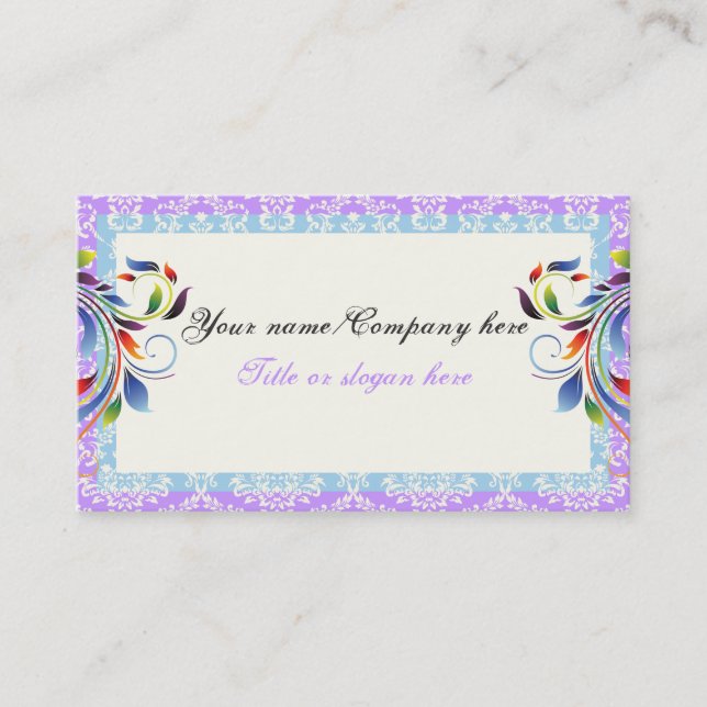 Rainbow scroll leaf blue purple damask borders business card (Front)