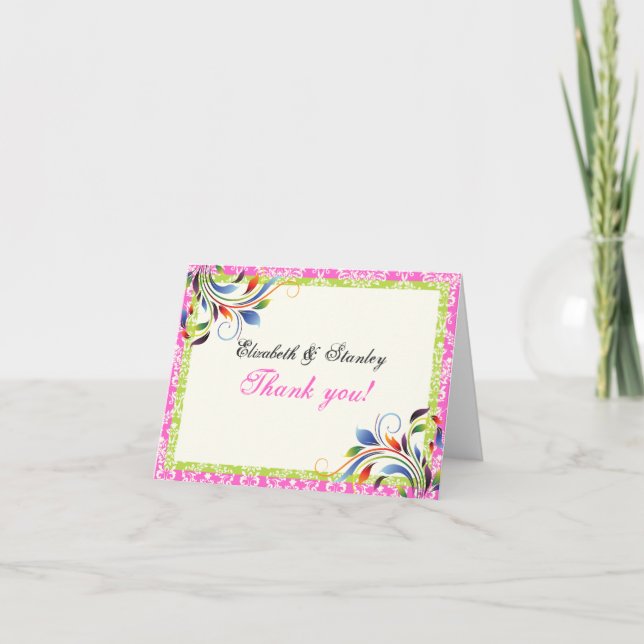 Rainbow scroll leaf damask wedding Thank You Card (Front)