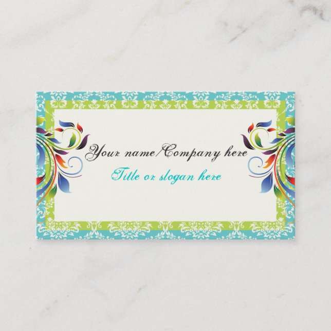 Rainbow scroll leaf lime turquoise damask borders business card (Front)