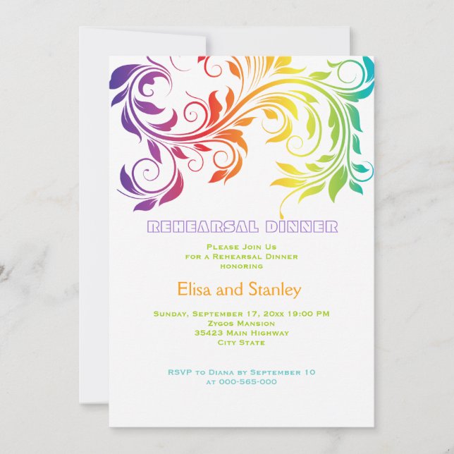 Rainbow scroll leaf wedding rehearsal dinner invitation (Front)