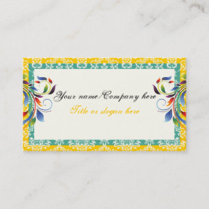 Rainbow scroll leaf yellow teal damask borders business card