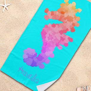 Rainbow Seahorse Personalized Beach Towel
