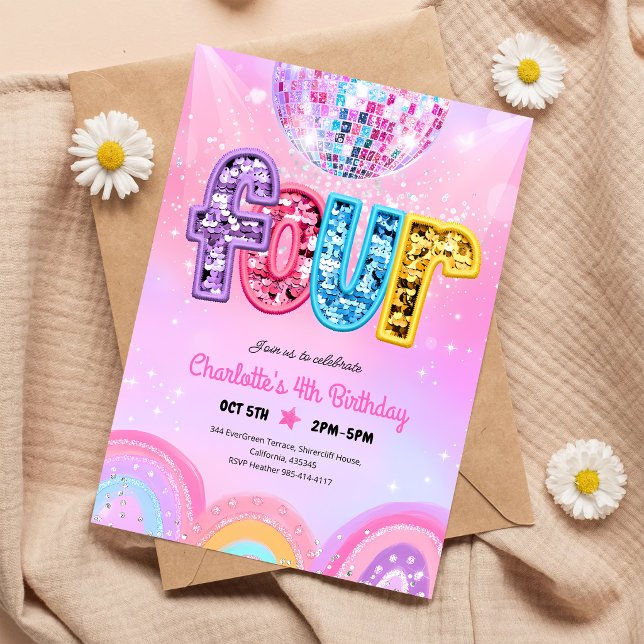 Rainbow Sequin Disco 4th Birthday Invitation (Creator Uploaded)
