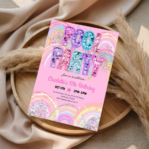 Rainbow Sequin Glitter Pool Party Birthday Invitation