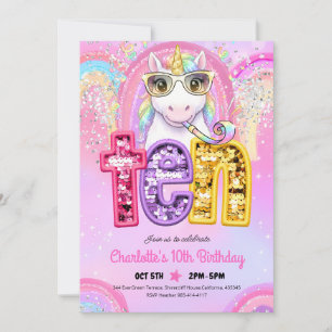Rainbow Sequin Unicorn 10th Birthday Invitation